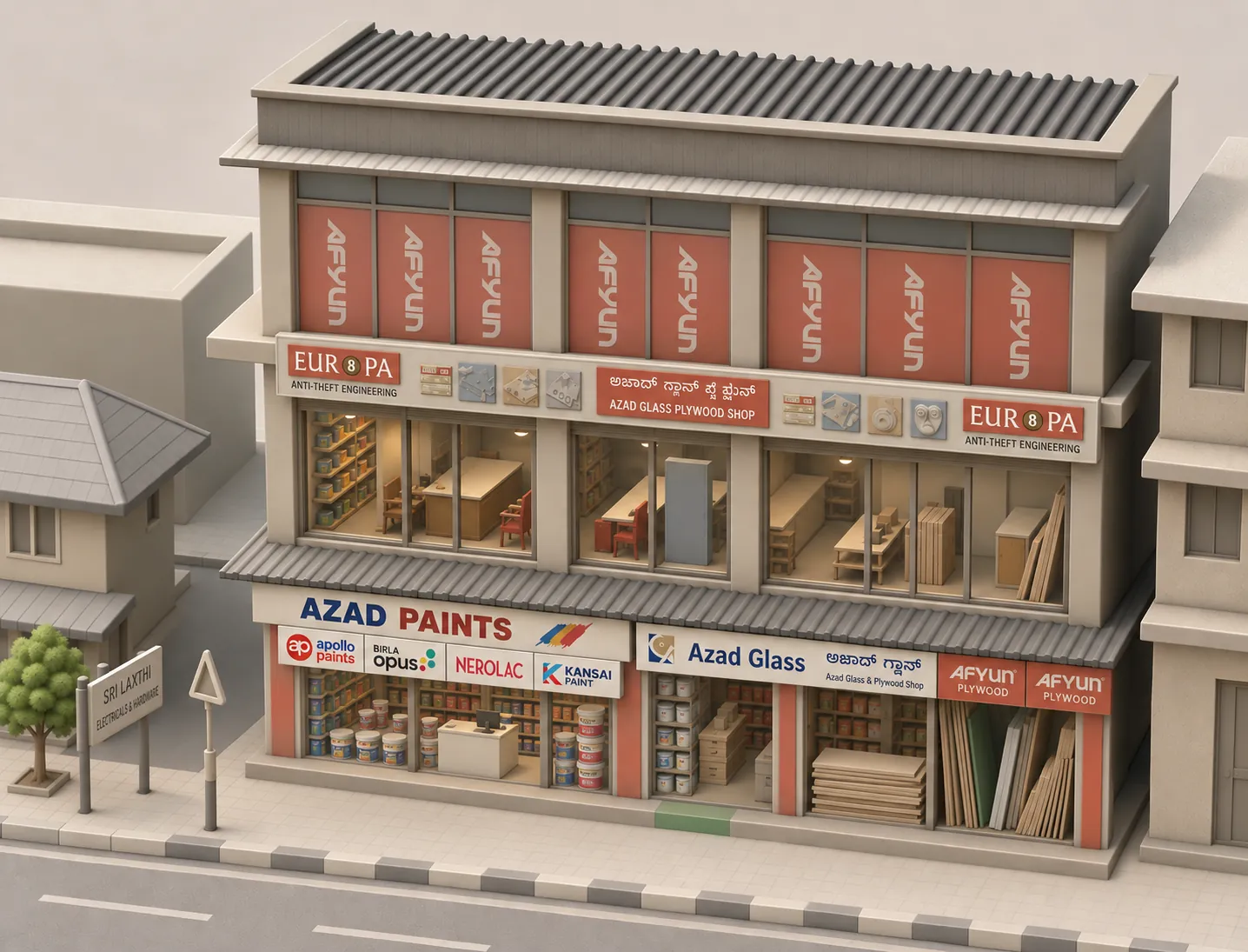 Illustration of the Azad Paints & Indoor Fittings and Azad Glass & Plywood storefront on Azad Road, Thirthahalli