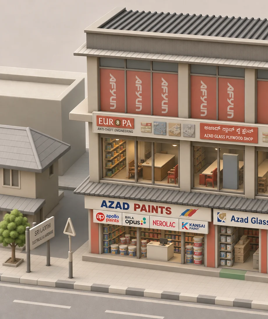 Illustration of the Azad Paints & Indoor Fittings and Azad Glass & Plywood storefront on Azad Road, Thirthahalli